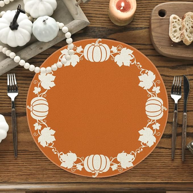 Artoid Mode Orange Pumpkin Leaves Round Fall Placemats Set of 4-14 Inch | Heat-Resistant, Washable Table Mats, Seasonal Autumn Kitchen Dining Decor