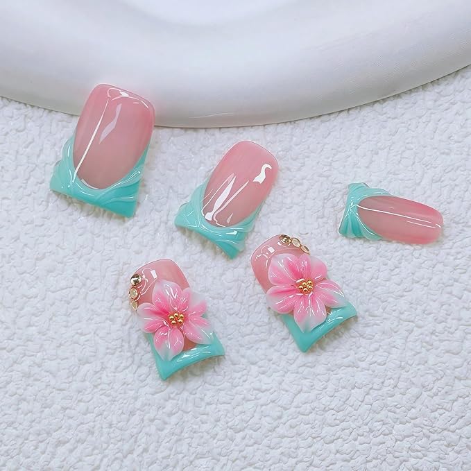Duck Press on Nails Handmade 3D Pink White Flower Fake Nails Muti-Layer Soft Gel Short Blue French Tip Acrylic Nails Salon Quality Handmade False Nail Press Ons Luxury Stick on Nail for Women (M)