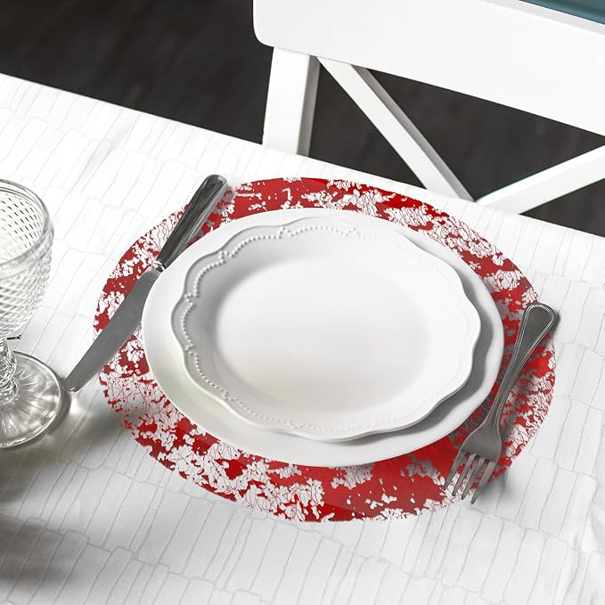 comfoyar Disposable Red Placemats Set of 50, Metallic Round 13 Inch Foil Mesh Pressed Doilies Place Mats, Table Mats for Dining Party Weddings Birthday Holiday Kitchen Home, Tableware Decoration