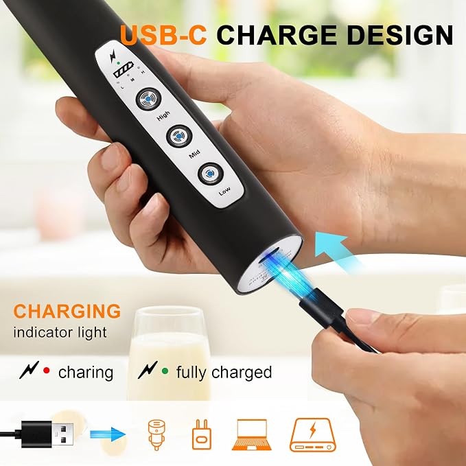 YUSWKO Handheld Milk Frother Wand for Coffee, Rechargeable Electric Whisk with 3 Heads 3 Speeds Drink Mixer Coffee Frother For Latte, Cappuccino, Hot Chocolate, Egg, Black