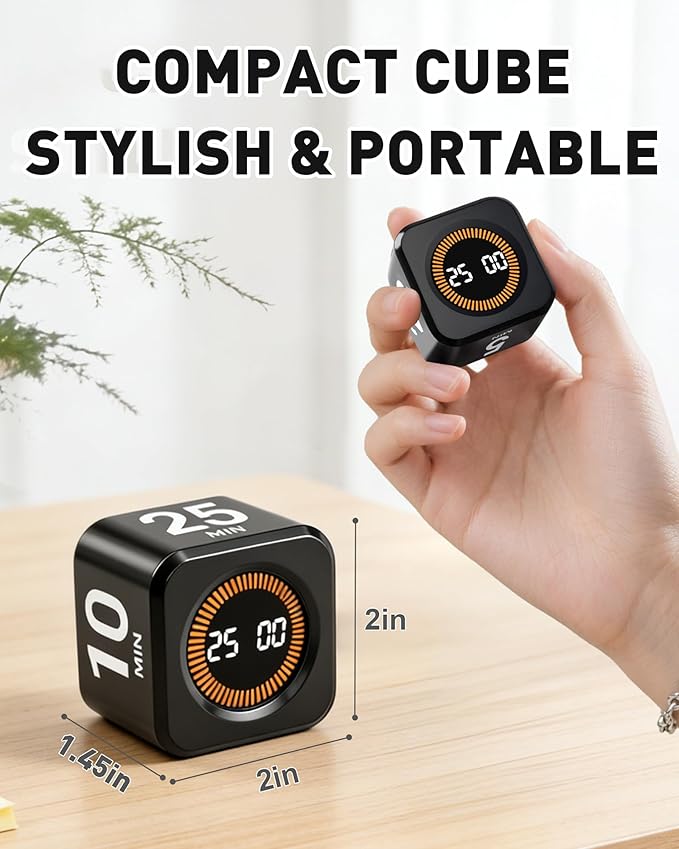 Pomodoro Timer Cube for Productivity — 5/25/10/50 Minutes Preset, Digital Gravity Sensor Desk Visual Timer for ADHD, Silent Mode, Ideal for Office, Study, Kitchen & Kids