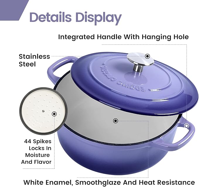 EDGING CASTING Enameled Cast Iron Duch Oven, 5.5 Quart Round Dutch Ovens Pot with Lid, Dual Handle for Bread Baking, Purple