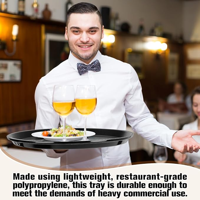 Zopeal 4 Pcs Bar Service Tray Round Plastic Non Slip,16" | For Waiter Server in Restaurant Cafeteria Bar, Raised Edges Prevent Spills, Cocktail Food Server, Textured Surface Grip