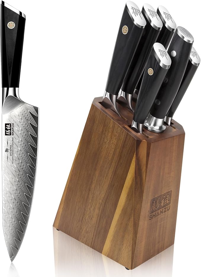 SHAN ZU 7-Piece Damascus Knife Set | Professional Kitchen Knife Sets for Chefs, Japanese 10Cr15MoV Super Steel Knife Block Set With G10 Handle , GYO Series