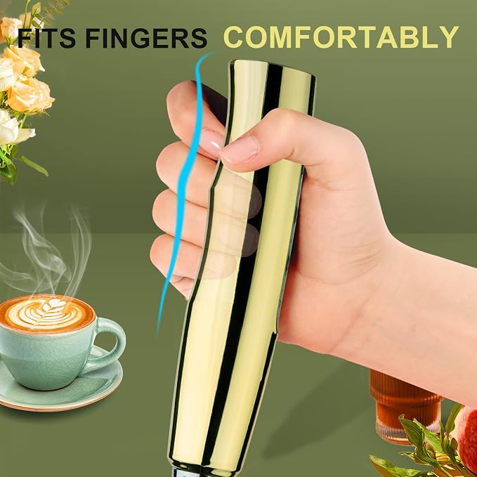 YUSWKO Handheld Milk Frother Wand for Coffee, Rechargeable Electric Whisk with 3 Heads 3 Speeds Drink Mixer Coffee Frother For Latte, Cappuccino, Hot Chocolate, Egg, Champagne Gold with Holder