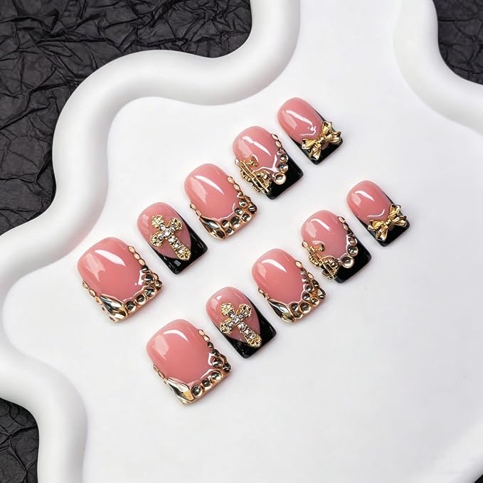 Rhinestone Press on Nails Short Square Black French Tip Handmade Nails with 3D Bow & Rhinestone Design Full Cover Muti-Layer Gel Acrylic Nails for Women Fake Nail Art DIY 10pcs (M)