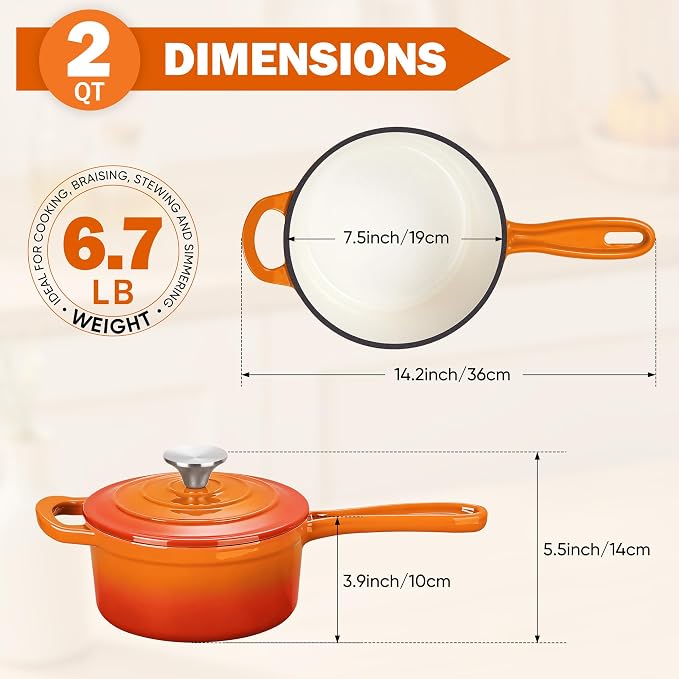 Homikit Small Cast Iron Pot, 2 QT Enameled Cast Iron Sauce Pan with Lid, Heavy Duty Enamel Dutch Oven Kitchen Cookware for Making Pasta, Boiling Soup, Warming Milk, Nonstick & Oven Safe, Flame Orange