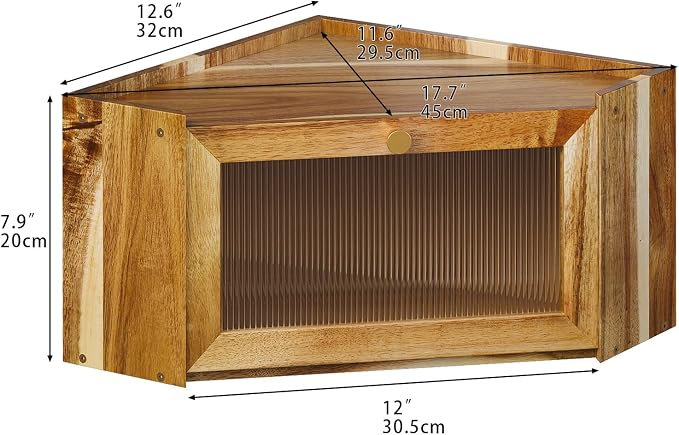 Trironsun Stylish Acacia Corner Bread Box for Kitchen Counter Wood Large Capacity Rustic Bread Storage Container with Wavy Arcylic Transparent Door for Homemade Bread (Acacia Wood)