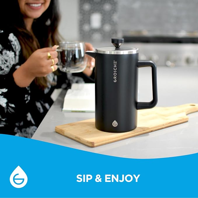 GROSCHE Dublin Double Wall Stainless French Press, Black, 8 Cup, 34 oz | Fine-Mesh Filter Reduces Grit, Insulated Body Retains Heat, Dishwasher-Safe Parts Simplify Cleanup for Daily Hot or Cold Brew