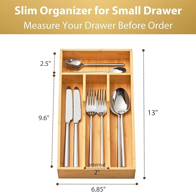 Bamboo Kitchen Drawer Organizer, 7 Inch Silverware Utensils Tray Holder for Small Drawer, Wood Caddy for Flatware Cutlery Knives