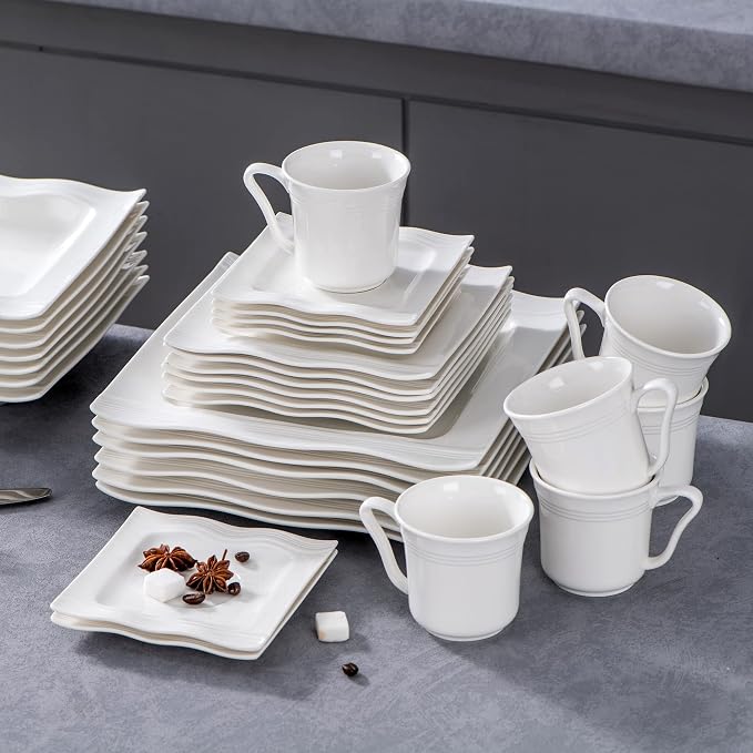 MALACASA 30 Pieces Dinnerware Sets, Modern Ivory White Plates and Bowls Sets for 6, Porcelain Dish Set with Dinner Plate, Dessert Plate, Soup Plate, Cup and Saucer, Square Dishware Set, Series Mario | Complete with Plates, Bowls, Cups, Saucers, Microwa...
