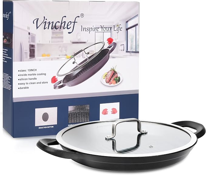 Vinchef 13in Nonstick Grill Pan with Lid | Dishwasher Safe, Oven Safe