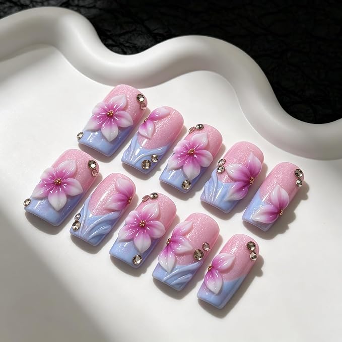 10pcs Handmade Press on Nails Medium Square Nails Press ons with 3D Flower & Rhinestones Design Thicked Muti-Layer Gel Fake Nails Purple Gradient French Tip Acrylic Nail Kit for Women (S)