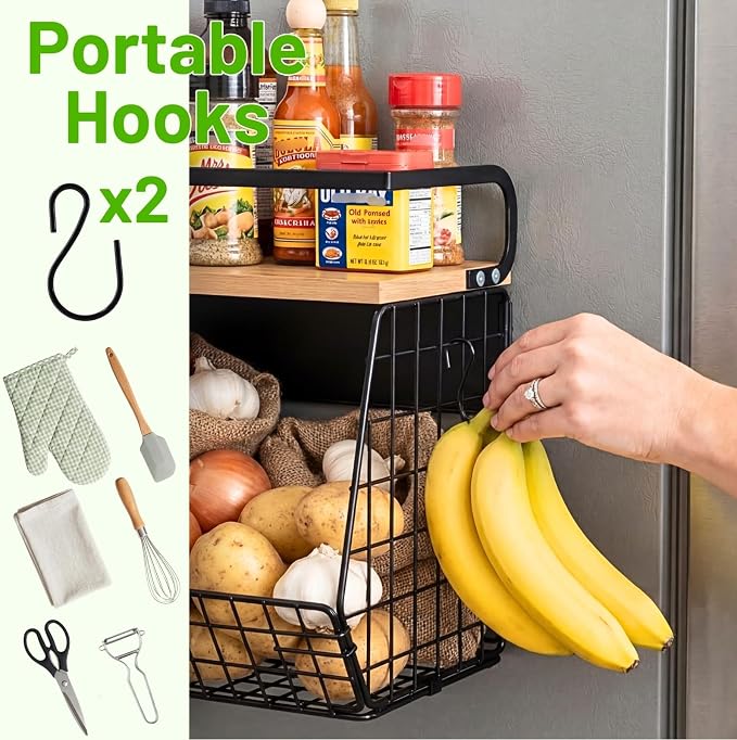 Magnetic Shelf for Fridge with Wood Lid, Fruit Potato and Onion Storage Bins, Pantry Organizers & Storage, Large Container Magnetic Spice Rack for Refrigerator, Kitchen Counter, Cabinet | Strong magnet holds 50lbs, ventilated bin for produce, versatile...
