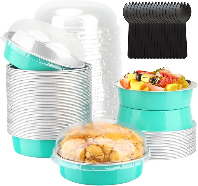 LNYZQUS 8oz Mini Pie Tins with Lids 50 Pack, 4 Inch Individual Cake Pans | Foil Disposable, Small Cake Tins, Mini Pie Containers, for Grad Bake Sale Baking and Packaging, Cyan Blue