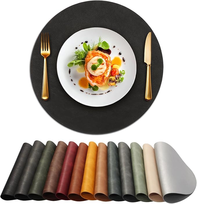 UnivoColors Placemats Round Faux Leather Placemats Set of 4-Waterproof-Wipe Clean-Heat Resistant-Anti Slip Dining Table Place Mats,Suitable for Indoor & Outdoor Use,15".Retro Black
