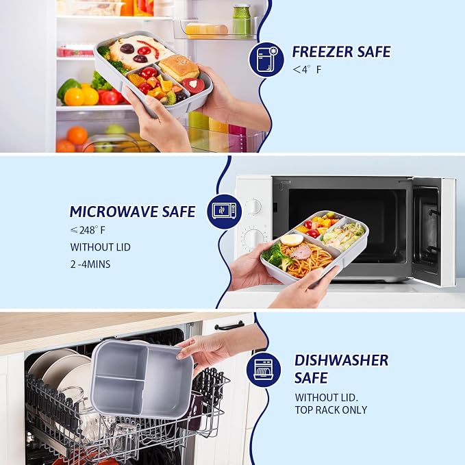MISS BIG® Bento Lunch Box for Kids, 1150ml, 3 Compartments, Gray | Gray kids lunch box with 3 compartments for daycare meals, school snacks, picnic food, and travel.