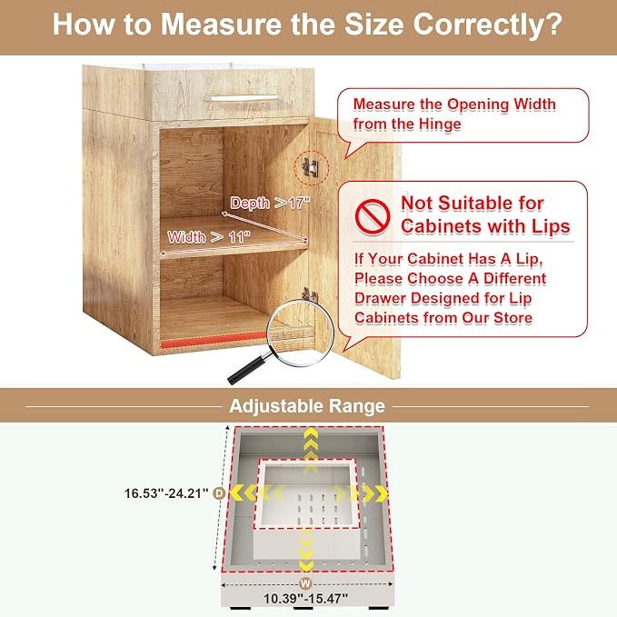 Fokyfok Pull out Cabinet Organizer,11"-16"W,17"-24"D,Expandable,Adhesive | No Drill,3 Rails,Adjustable Slide out Drawers for Kitchen,Pantry,Roll out Shelves,for Cabinets Without Lip,Bathroom,White,1PC