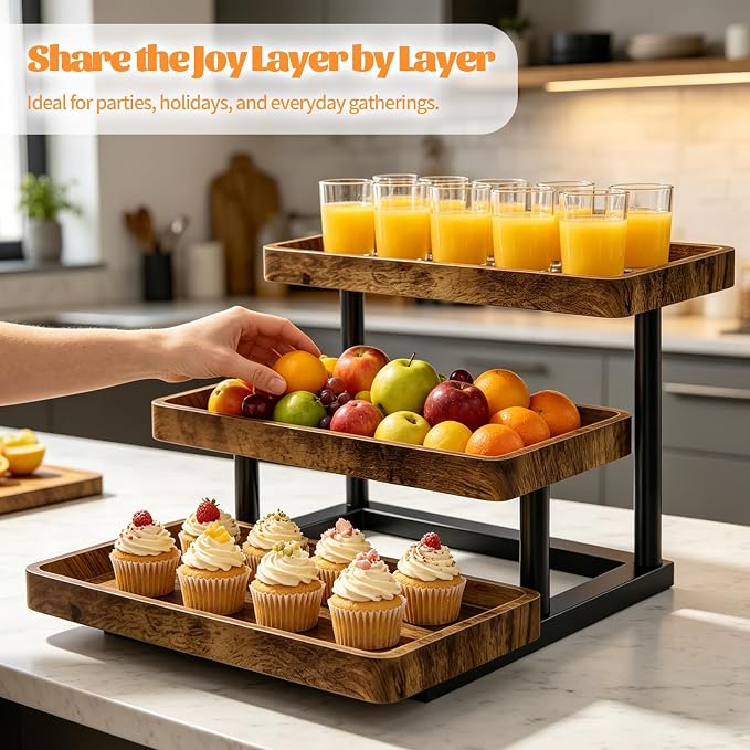 3 Tier Serving Tray for Party, Wood Cupcake Stand with Sturdy Metal Frame | 15.7" Reusable Serving Trays for Party, Tiered Tray Stand Rustic Farmhouse Decor For Fruit, Snacks, Candy & Pastries