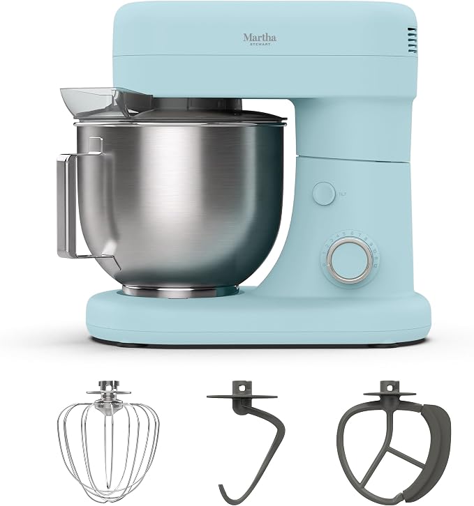Martha Stewart 5.3QT Tilt Head Stand Mixer, 12 Speeds, Stainless Steel Bowl | Dough Hook, Stainless Whisk, Beater, Removable Splash Shield, Bread, Cake & Whipping, Electric Kitchen Mixer, Sky Blue