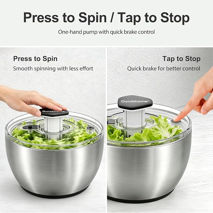 Ourokhome 6.3 QT Stainless Steel Salad Spinner, Large Lettuce Spinner with One-Hand Press Pump, Brake Button, Non-Slip Base and Retractable Handle, Vegetable Washer & Dryer for Greens, Fruits and Herb