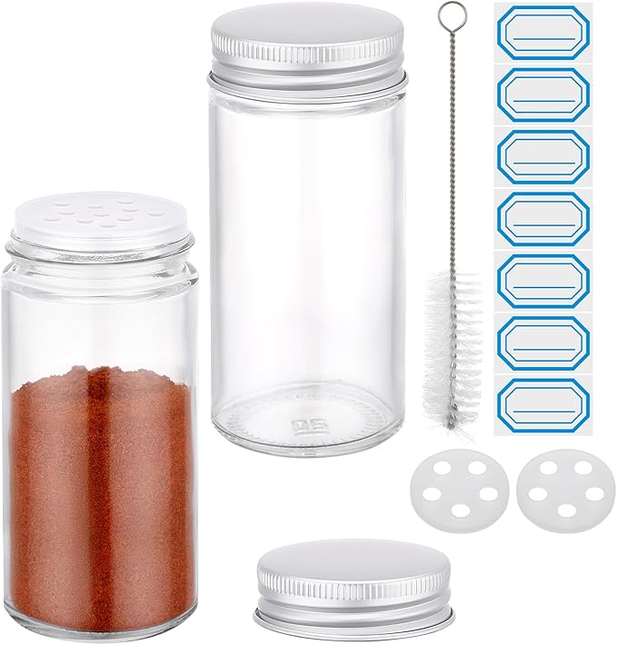 Segarty 3oz Spice Jars with Silver Aluminum Lid, 2 Pack 90ml Round Spices Bottle for Seasonings Cereal Storage, Empty Glass Seasoning Container Set, Salt and Pepper Organizers with 7 Stickers 1 Brush