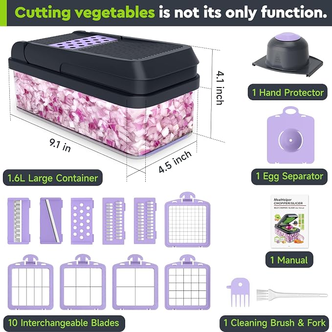 MealHelper 15-in-1 Vegetable Chopper, Food Veggie Chopper With Container | Kitchen Prep Tool, Cheese Grater, Home Essentials & Kitchen Gadgets, with Sharp Stainless Steel Blades(10 Blades, Purple)