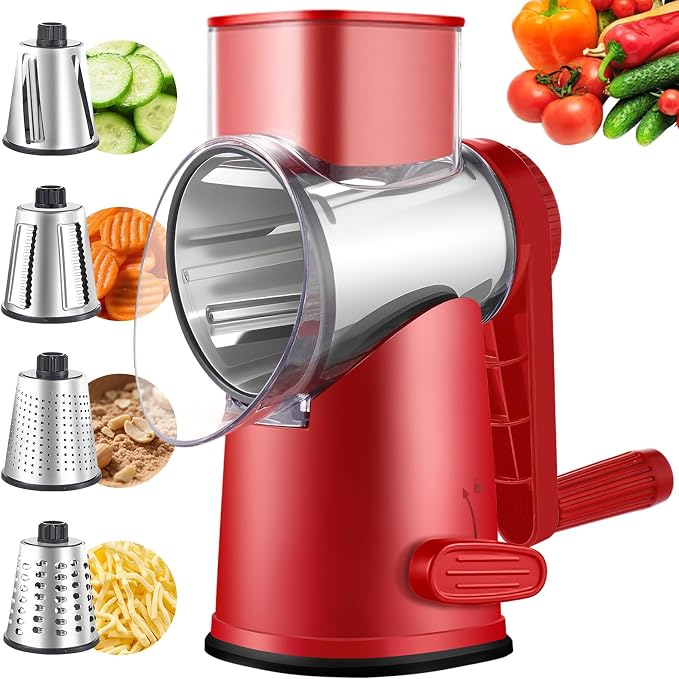 Weltonhm 4 in 1 Large Rotary Cheese Grater Hand Crank (red, 4 Graters) | Cheese Shredder Rotary and Slicer with 4 Stainless Steel Blades for Vegetables, Veggie and Cheese, Stronger Suction Base