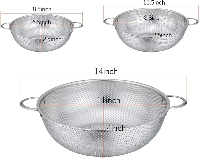 P&P CHEF Colander Set of 3, 1/3/5 Qt, Stainless Steel Colanders Strainers | Metal Micro-Perforated Colanders and Strainers for Draining Rinsing Washing, Ideal for Pasta Fruits, Dishwasher Safe