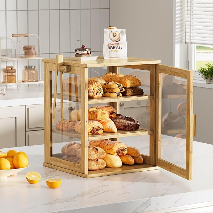 WOWLIVE Bread Box for Kitchen Countertop, 3 Layers Bread Storage Container | Large Bamboo Bread Bin for Homemade Bread with Window, Farmhouse Breadbox Organizer for Cabinet, Natural, Extra Large