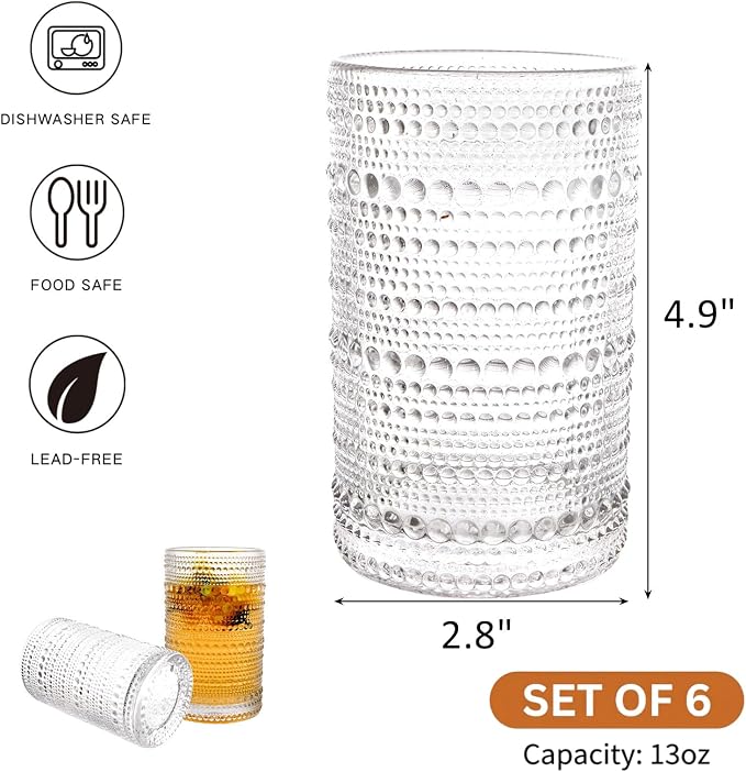 ZOOFOX Set of 6 Vintage Drinking Glasses, 13 oz Clear Hobnail Glasses Tumbler, Embossed Design Glassware for Beverages, Water, Juice, Beer, Cocktail, Whiskey and Milk