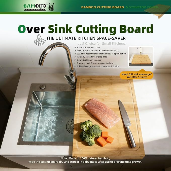 BAMOTTO CRAFTBAMBOO 16 x 22 Inch Bamboo Cutting Board — Stovetop Cover, Over the Sink Board with Detachable Legs & Non-Slip Lip, Juice Groove, Kitchen Countertop Extender for Apartment, RV