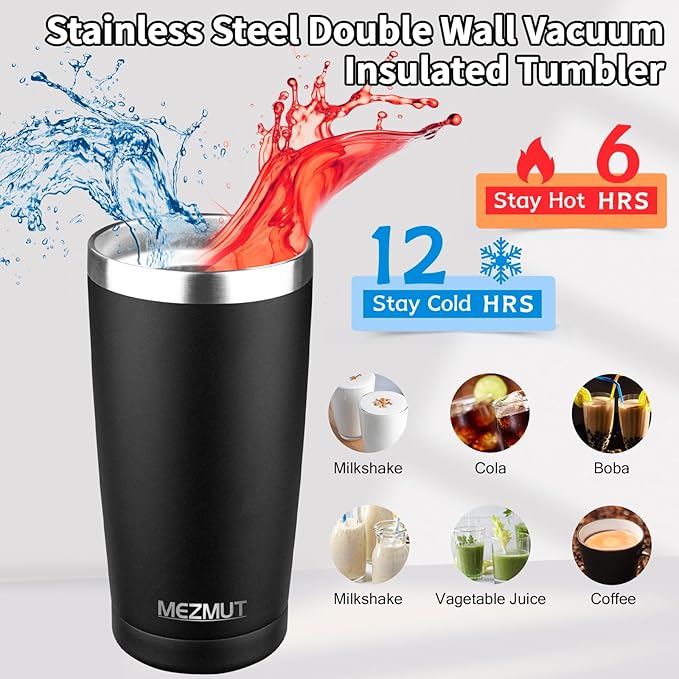 MEZMUT 20oz Insulated Tumbler Cup Travel Coffee Mug with Lid(Black,4 Pack) | Stainless Steel Double Wall Vacuum Spill Proof Metal Tumbler Bulk with Lid and Straw, Hot or Iced Coffee Cup for Man Women