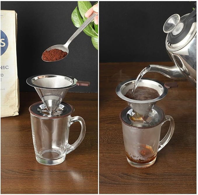 Pour Over Coffee Dripper, Reusable 304 Stainless Steel Filter for 1-2 Cup | Dual 304 stainless micro mesh, silicone heat handle, anti-slip stand, paperless reusable, easy clean for travel camping