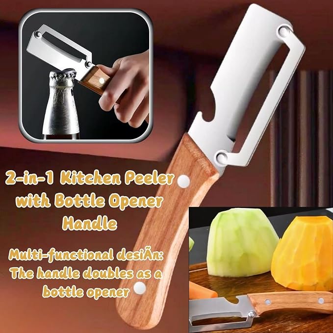 2 PCS Multi-Functional Kitchen Peeler, Vegetable Peeler, Wooden Kitchen Tool, Premium Wooden Handle - Stainless Steel Single Blade & Built-In Bottle Opener, Suitable for Peelable Vegetables & Fruits