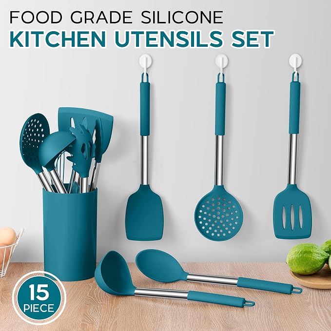 Onader 15pcs Kitchen Cooking Utensils Set with Holder, Onader Heat Resistant Silicone Kitchen Utensils Spatula Set with Stainless Steel Handle - Blue