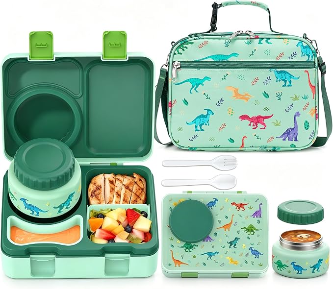Bento Box for Kids, Leakproof Kids Lunch Box with 8.5OZ Thermo Food Jar & Lunch Bag, 3-4 Compartments Toddler Insulated Lunch Box for Boys, BPA Free Lunch Containers for School Daycare