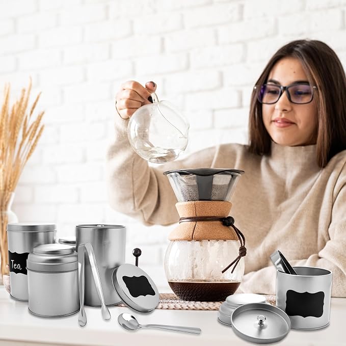 12 Pack Airtight Tea Tin Canisters Silver Metal Tea Storage Containers with Double Lids Includes 10 Labels 1 White Marker 6 Spoons and 6 Tongs for Loose Leaf Tea Coffee Sugar Spices, 2 Sizes