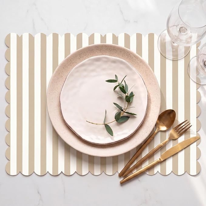 100 Pcs Beige White Stripes Place Mats Farmhouse Scalloped Dusty Scalloped Checkered Placemats Disposable Striped Place Mats for Wedding Bridal Shower Picnic Banquet Home Table