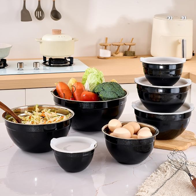Black Mixing Bowls with Airtight Lids, Stainless Steel Nesting Mixing Bowls Set of 7, Ideal for Baking, Prepping and Serving Food, Size 7, 3.6, 2.7, 2.1, 1.5, 1.1,0.8 QT, Stackable Design