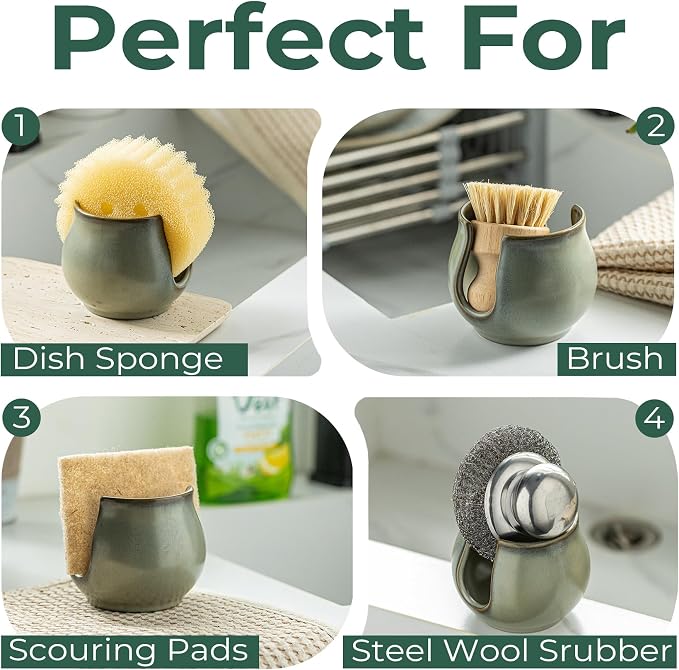 Zoeeker Sponge Holder for Kitchen Sink, Ceramic Dish Sponge Caddy Drying Rack Farmhouse Brush Holder Scrubby Organizer for Bathroom, Kitchen, Dark Green