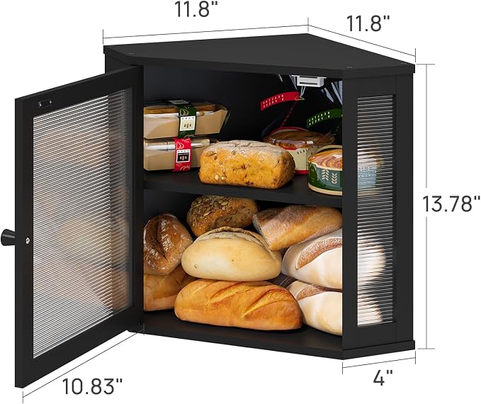 viewcare Corner Bread Box for Kitchen Counter, Bamboo Wood Black Bread Box, Large Capacity Bread Storage Bin with Acrylic Wavy Door Panel (Black, Meduim)