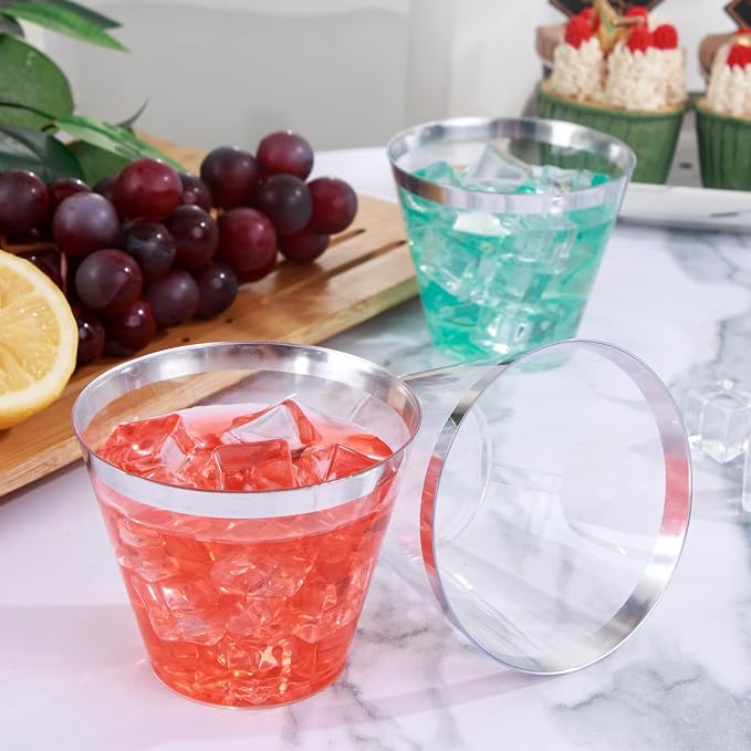 IOOOOO I00000 100PCS Silver Plastic Cups,9 oz Clear Plastic Cups with Silver Trim, Heavy-Duty Disposable Hard Cup For Party, Premium Cup Perfect for Wedding & Party