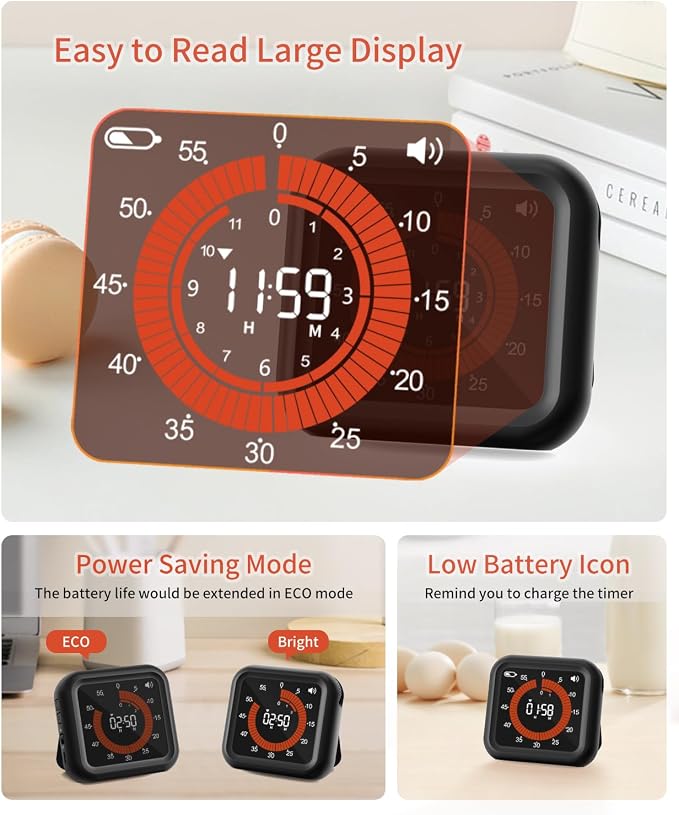 Digital Magnetic Visual Kitchen Timer, Up to 11H 59M Countdown & Count Up | USB-C Rechargeable, Large VA Display, Adjustable Volume and Brightness, Memory Recall Function for Kitchen, Classroom, Study