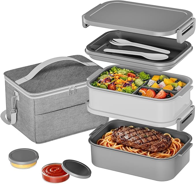 Adults Lunchbox Bento Box with Lunch Bag- 74 OZ All-in-One Stackable Lunch Box for Adults Kids Women Men Leakproof Bento Large Lunch Box Containers with Fork Spoon Sauce Box for Work School (Grey)