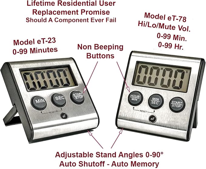 Elegant Digital Kitchen Timer Stainless Steel - Loud Alarm - Model eT-78