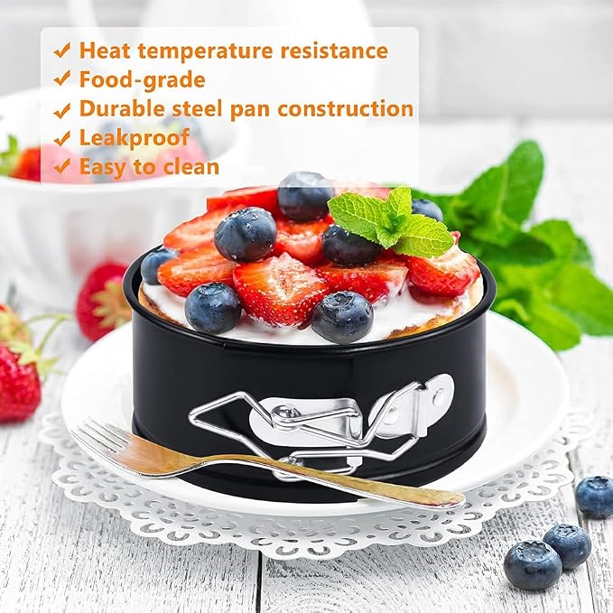 Mini Springform Pans, 4 Pack 4 Inch Cheesecake Quiche Baking Pans | Nonstick mini cheesecake pans with removable bottoms and spring latches for quiche, tart, pie and small cake baking