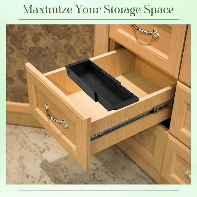 LemonRoad 1 Pcs Sliding Drawer Organizer 12.4-17.7 Inch Bin Bamboo Drawer Expandable Bins Utensil Organizer for Kitchen Spoons Forks Knives (Black)