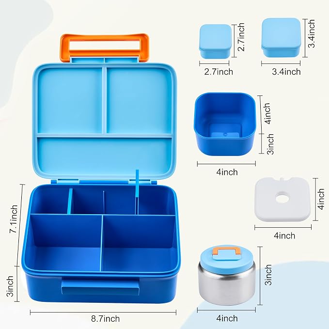 Bento Lunch Box for Kids with 8oz Soup Thermo Leak-Proof Lunch Food Containers with Snack Sauce Container for Kid Girls Boys to School, Blue