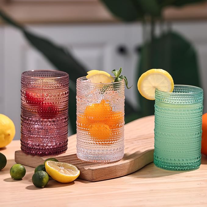 Moretoes Colored 12 Oz Hobnail Drinking Glasses Set of 6,Water Glass Cups | Highball Glasses Embossed Boho Kitchen Bar Tumbler Glassware Set for Whiskey, Beer, Juice, Milk and Various Mixed Drinks